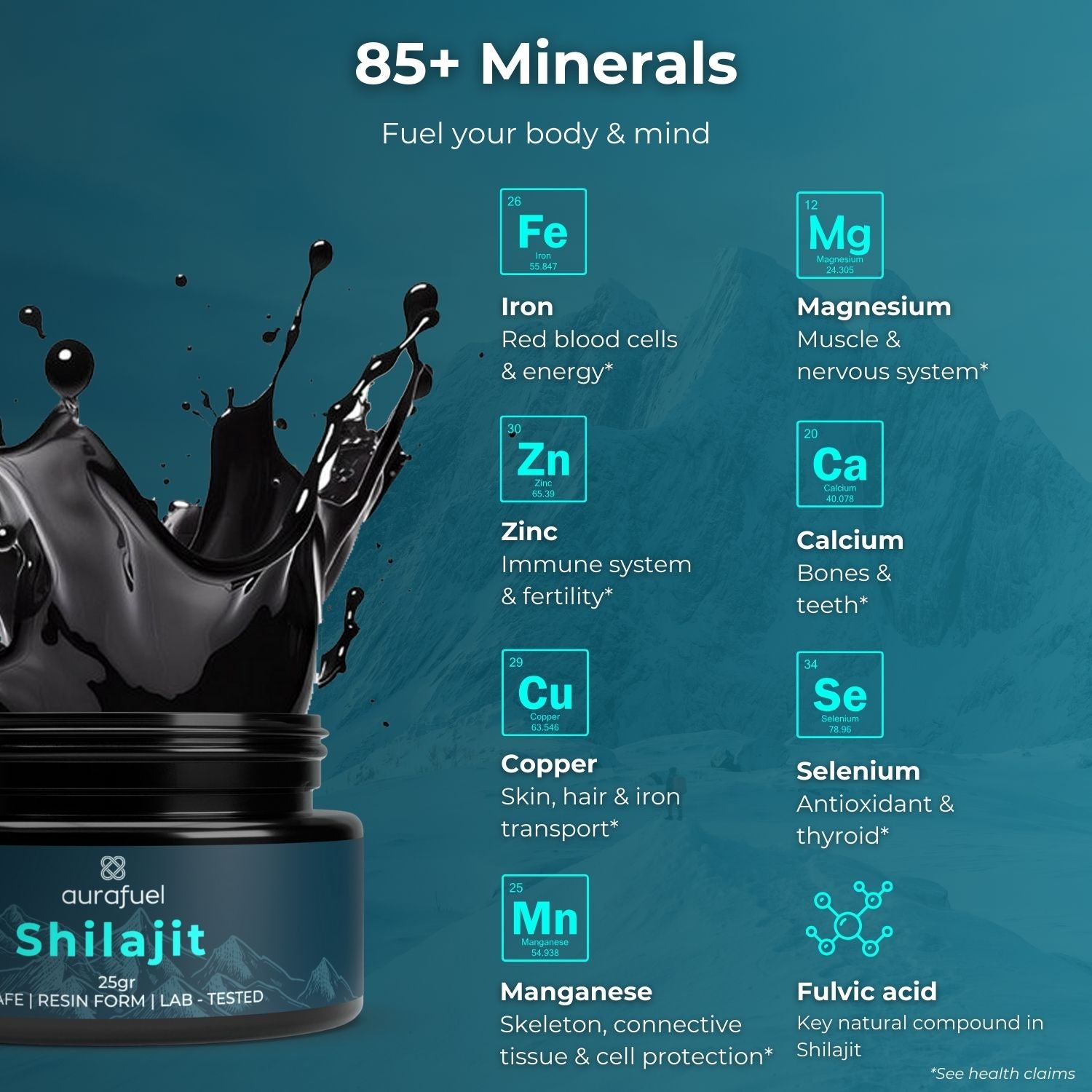 85 minerals in pure shilajit mountain sweat